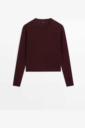Massimo Dutti Dames - Tricot Trui Van Wolmix Met Ronde Hals - Granaat - Xs