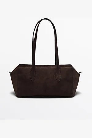 Massimo Dutti Dames - Splitsuède Leren West Satchel Tas - Bruin - 01