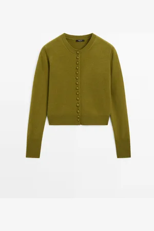 Massimo Dutti Dames - Kort Gebreid Vestje Met Gevoerde Knopen - Olijf - Xs