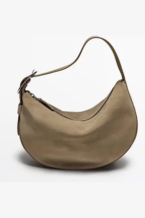 Massimo Dutti Dames - Middelgrote Splitsuède Schoudertas - Zand - 01