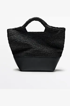 Massimo Dutti Dames - Naturel Raffia Tas Met Leren Onderkant - Zwart - 01