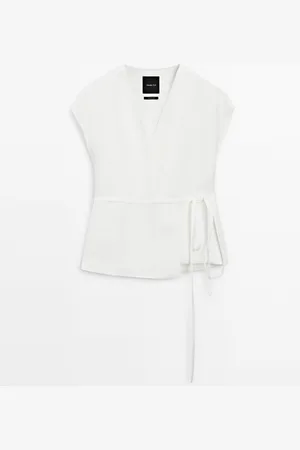 Massimo Dutti Dames - Kimono Van Linnenmix Met Overslag En Strik - Ecru - Xs
