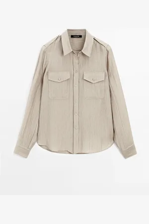 Massimo Dutti Dames - Soepelvallend Halfdoorschijnend Overhemd Met Zakken - Beige - 34