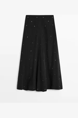 Massimo Dutti Dames - Lange Rok Met Eyelets - Zwart - 34