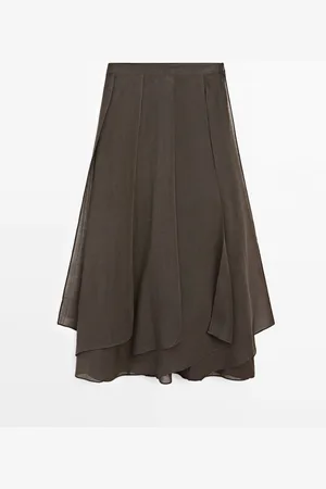 Massimo Dutti Dames - Lange Soepelvallende Rok Van Ramiemix - Chocolade - 34