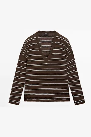 Massimo Dutti Dames - 100% Linnen Tricot Trui Met Strepen - Chocolade - Xs
