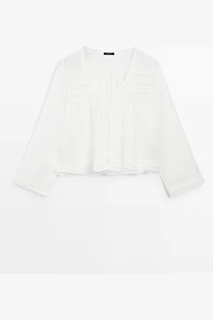 Massimo Dutti Dames - Soepelvallende Blouse Met Kanten Afwerking - Wit - Xs