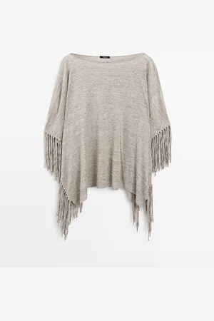 Massimo Dutti Dames - 100% Linnen Melange Cape Met Kwastjes - Grijs - S