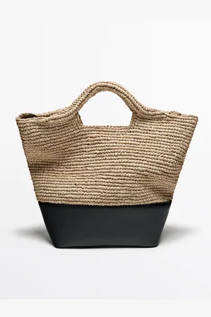 Massimo Dutti Dames - Naturel Raffia Tas Met Leren Onderkant - Beige - 01
