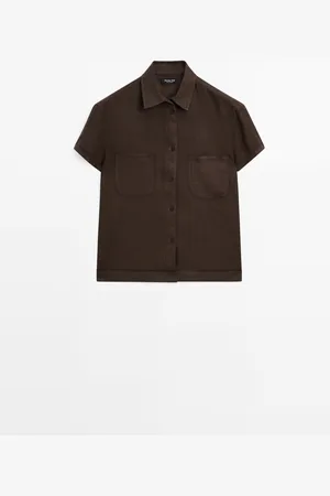Massimo Dutti Dames - 100% Linnen Overhemd Met Korte Mouw - Bruin - Xs