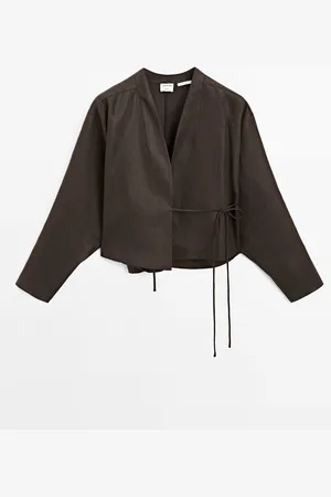 Massimo Dutti Dames - Soepelvallend Linnen Overhemd Met Strik - Studio - Chocolade - M