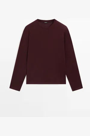 Massimo Dutti Dames - 100% Katoenen T-Shirt Met Lange Mouw - Bordeauxrood - Xs