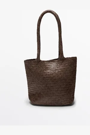 Massimo Dutti Dames - Gevlochten Nappaleren Medium Totebag - Molbruin - 01