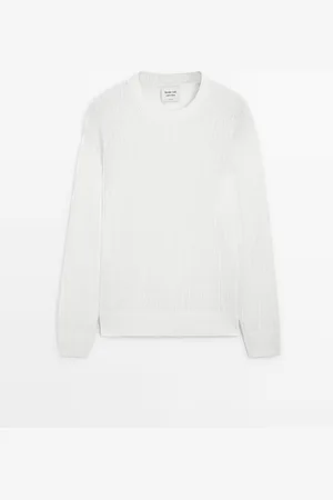 Massimo Dutti Heren - Geribde Linnen Tricot Trui - Limited Edition - Wit - S