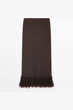 Massimo Dutti Dames - Lange Tricot Rok Met Kwastjes Op De Zoom - Chocolade - L