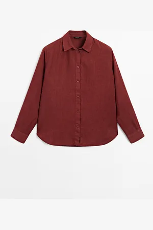 Massimo Dutti Dames - Soepelvallend 100% Linnen Overhemd - Donkerrood - 34
