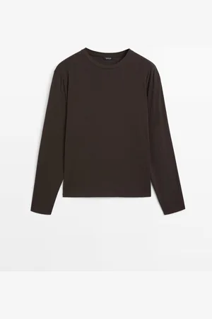Massimo Dutti Dames - Slim Fit Katoenen T-Shirt Met Lange Mouw - Bruin - S