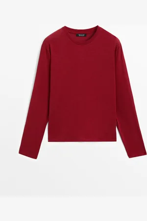 Massimo Dutti Dames - Slim Fit Katoenen T-Shirt Met Lange Mouw - Donkerrood - S
