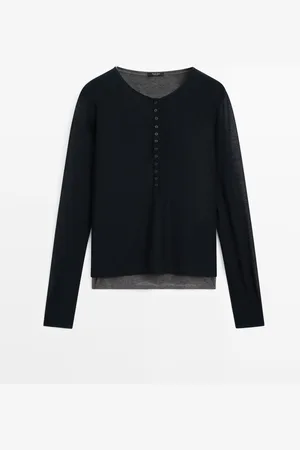 Massimo Dutti Dames - T-Shirt Met Dubbele Laag En Knopen - Zwart - S