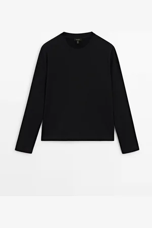 Massimo Dutti Dames - Katoenen T-Shirt Met Lange Mouw - Zwart - S