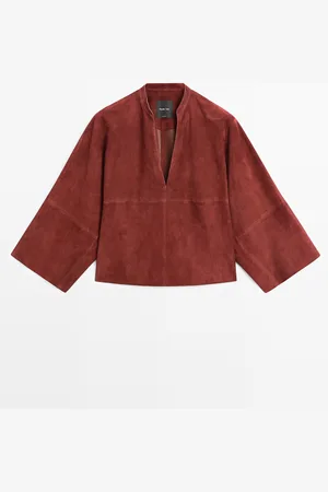 Massimo Dutti Dames - Soepelvallend Suède Leren Overhemd - Rood - S