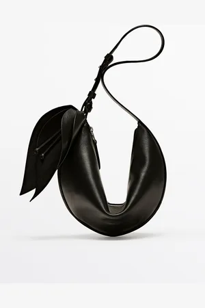 Massimo Dutti Dames - Nappaleren Halvemaan Tas Met Bloem - Zwart - 01