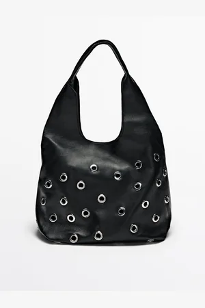 Massimo Dutti Dames - Nappaleren Tas Met Eyelets - Zwart - 01