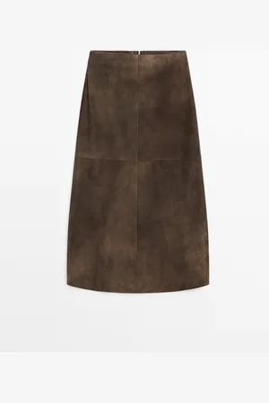 Massimo Dutti Dames - Straight Suède Leren Rok - Bruin - M