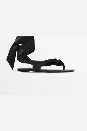 Massimo Dutti Dames - Platte Satijnen Sandalen Met Strikdetail - Limited Edition - Zwart - 38