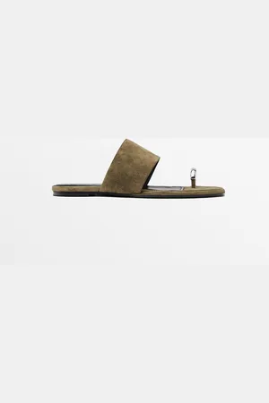 Massimo Dutti Dames - Platte Splitsuède Sandaal Met Ring - Kaki - 38