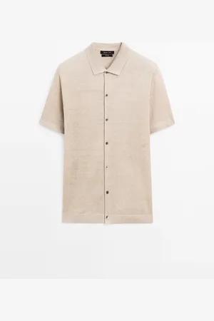 Massimo Dutti Heren - 100% Linnen Tricot Trui Met Polokraag - Beige - Xl