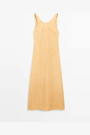 Massimo Dutti Dames - Lange 100% Linnen Halterjurk - Geel - 36