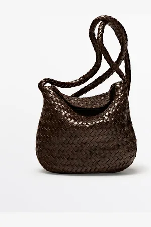 Massimo Dutti Dames - Gevlochten Nappaleren Schoudertas - Bruin - 01