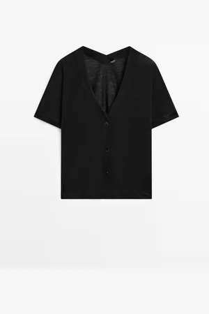 Massimo Dutti Dames - 100% Linnen Vest Met Korte Mouw - Zwart - S