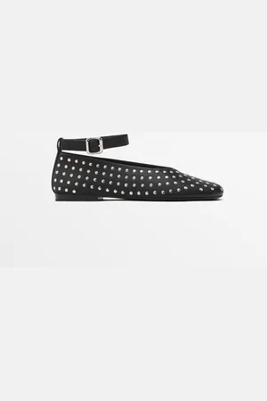 Massimo Dutti Dames - Ballerina Met Studs En Enkelbandje - Zwart - 35