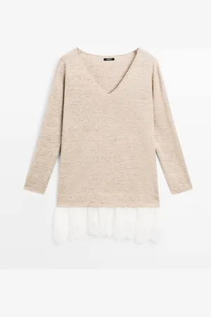 Massimo Dutti Dames - Melange Linnen Jurk Met Kanten Afwerking - Grijs - S