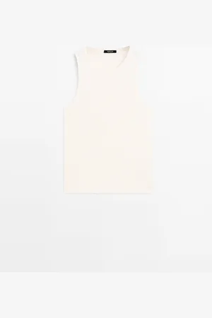 Massimo Dutti Dames - Geribde Tricot Haltertop - Ecru - L