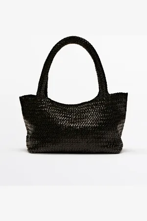 Massimo Dutti Dames - Gevlochten Nappaleren Medium Totebag - Zwart - 01