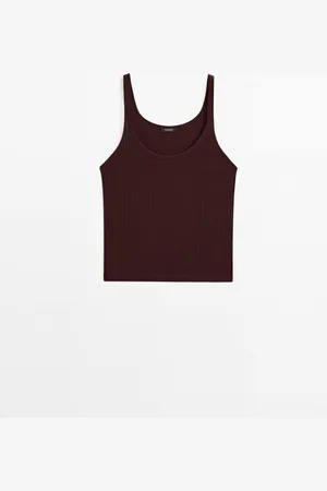 Massimo Dutti Dames - Mouwloos 100% Katoenen Tricot T-Shirt - Rood - Xl