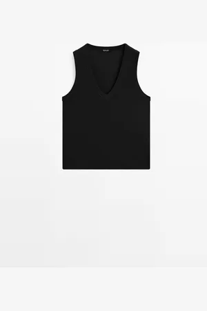 Massimo Dutti Dames - Mouwloos T-Shirt Van Gemerceriseerde Katoen - Zwart - L