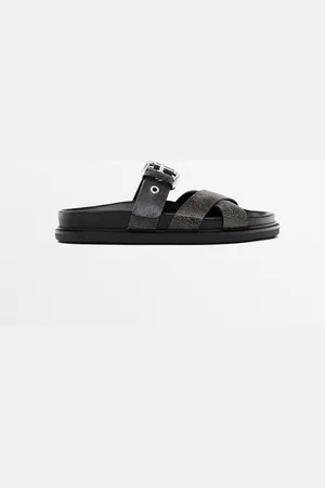 Massimo Dutti Dames - Sandalen Van Craquelé Leer Met Gekruiste Bandjes - Zwart - 35