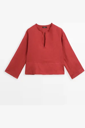 Massimo Dutti Dames - 100% Linnen Overhemd Met Open Opstaande Kraag - Rood - S