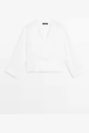 Massimo Dutti Dames - 100% Linnen Overhemd Met Open Opstaande Kraag - Wit - Xs