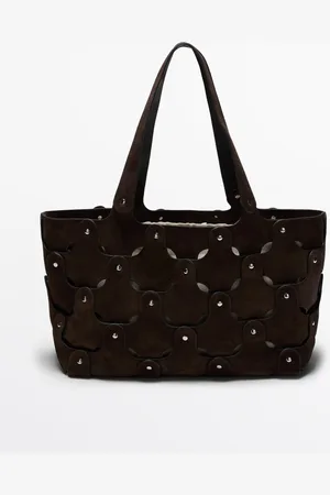 Massimo Dutti Dames - Splitsuède Shopper Met Studs - Bruin - 01