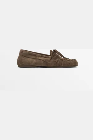 Massimo Dutti Dames - Splitsuède Loafer Met Plooi - Taupe - 37
