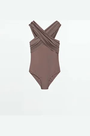 Massimo Dutti Dames - Bandeau Badpak Met Gekruiste Bandjes - Molbruin - Xs
