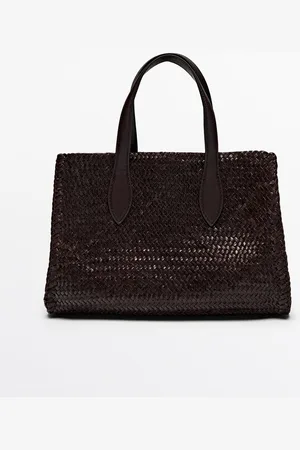 Massimo Dutti Dames - Medium Gevlochten Nappa Satchel Tas - Bruin - 01