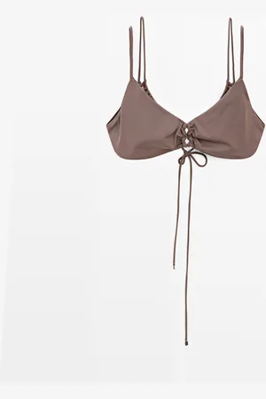 Massimo Dutti Dames - Geplooide Tule Bikinitop - Molbruin - M