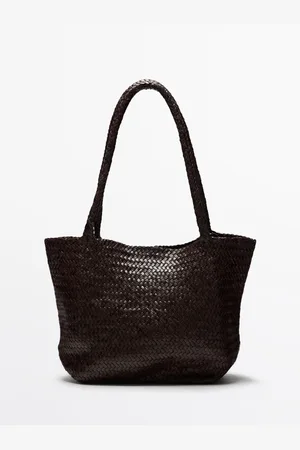 Massimo Dutti Dames - Grote Gevlochten Nappaleren Shopper - Bruin - 01