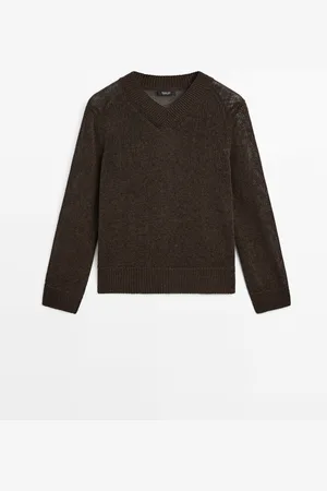 Massimo Dutti Dames - Trui Van Katoenmix Met V-Hals - Chocolade - S